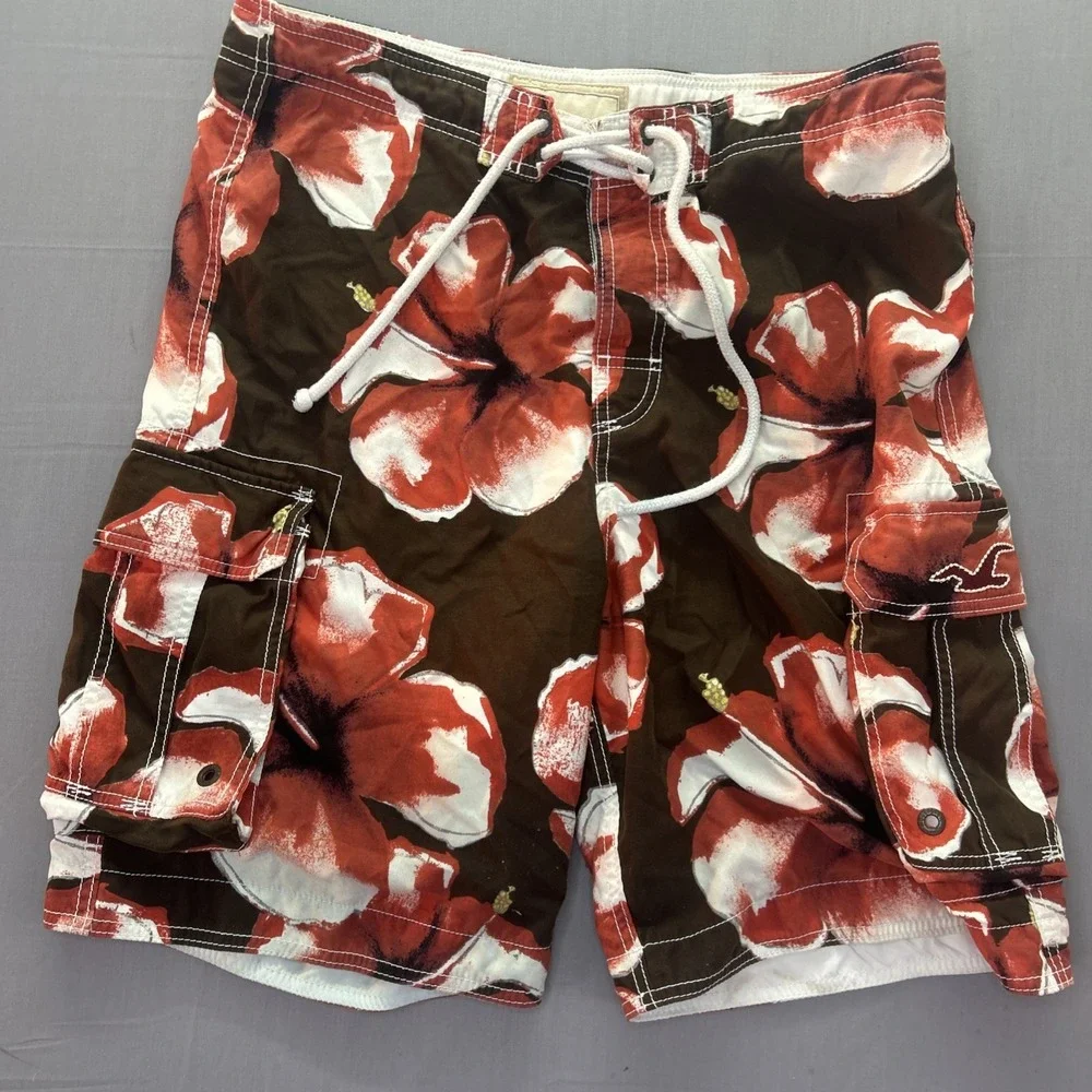 Hollister Mens Floral Orange/Brown Swim Trunks Board Shorts Size Medium Surf Y2K